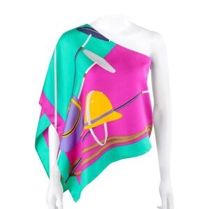 RALPH LAUREN COLLECTION Silk Equestrian Polo Theme One Shoulder Scarf Blouse Top
